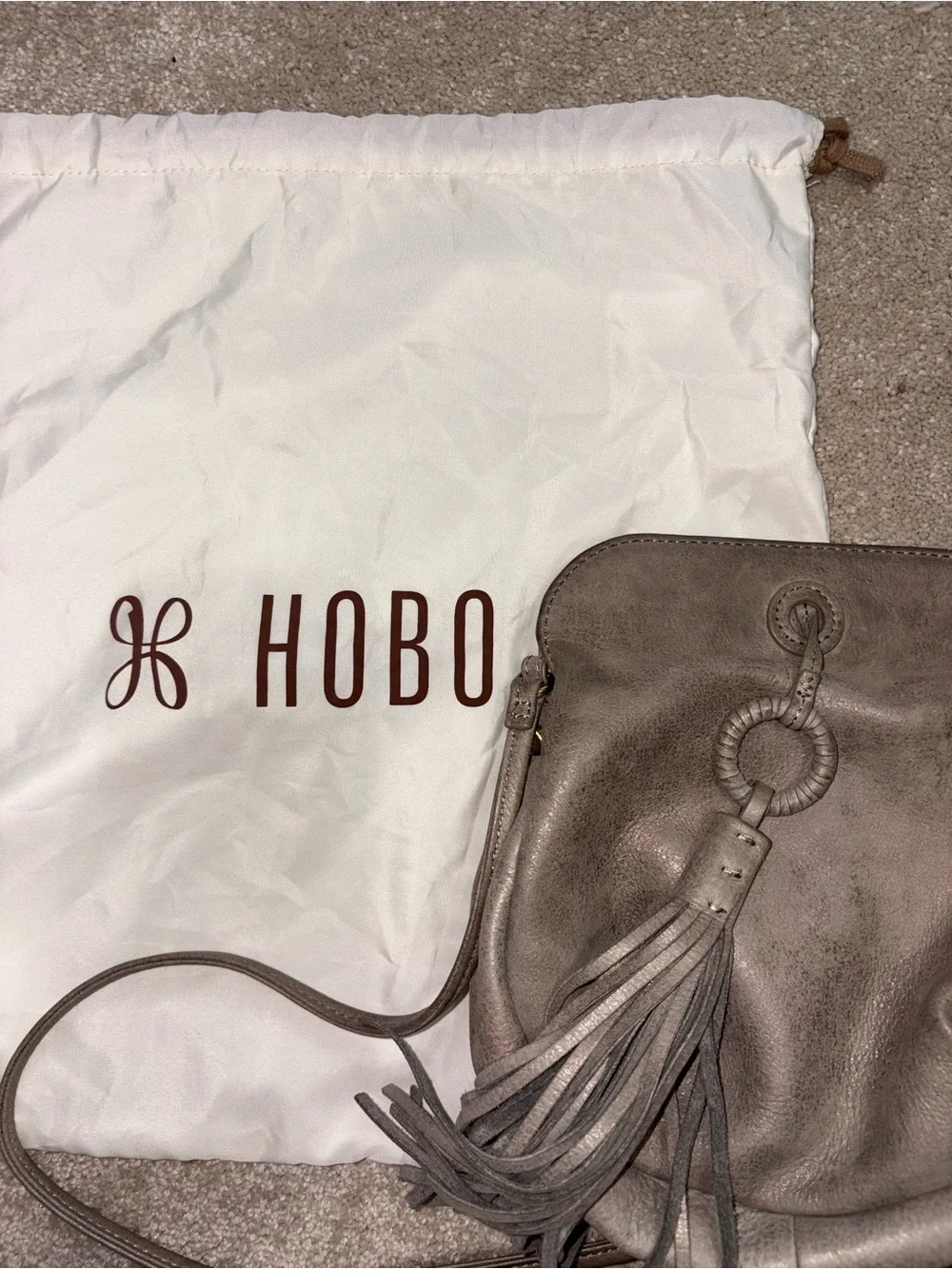 HOBO Gray-Taupe Leather Hobo Bag with Tassel Detail